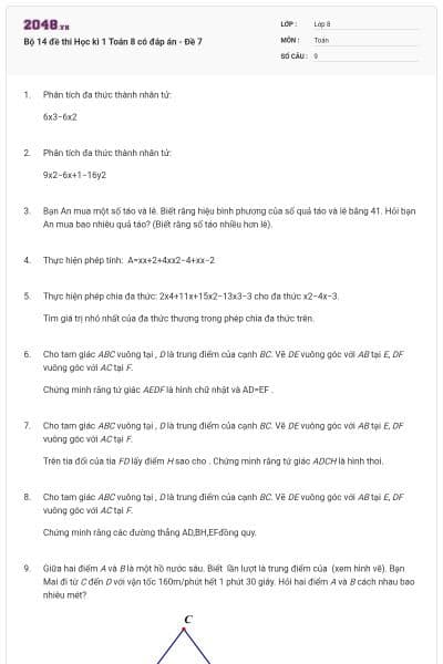 Bộ 14 đề thi Học kì 1 Toán 8 có đáp án - Đề 7