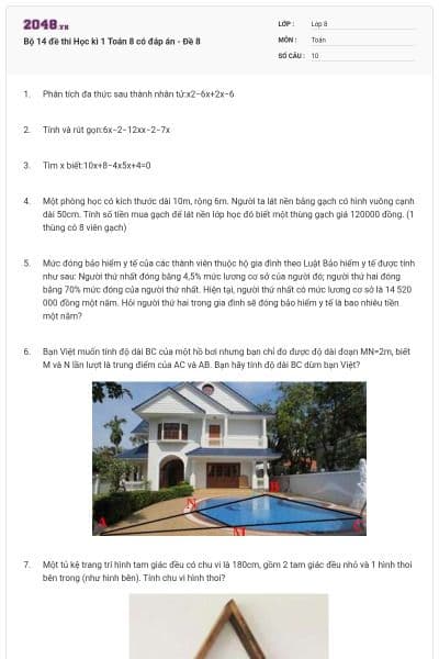 Bộ 14 đề thi Học kì 1 Toán 8 có đáp án - Đề 8