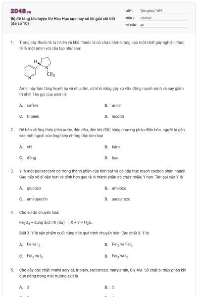 Bộ đề tăng tốc luyện thi Hóa Học cực hay có lời giải chi tiết (đề số 10)