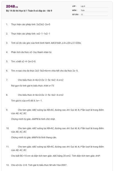 Bộ 14 đề thi Học kì 1 Toán 8 có đáp án - Đề 9