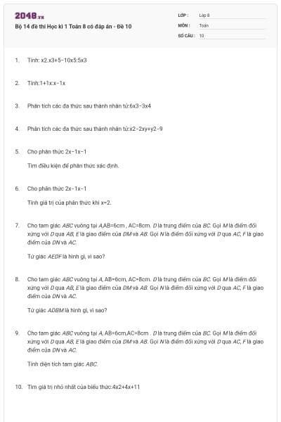 Bộ 14 đề thi Học kì 1 Toán 8 có đáp án - Đề 10