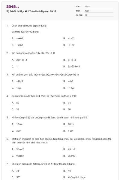 Bộ 14 đề thi Học kì 1 Toán 8 có đáp án - Đề 11