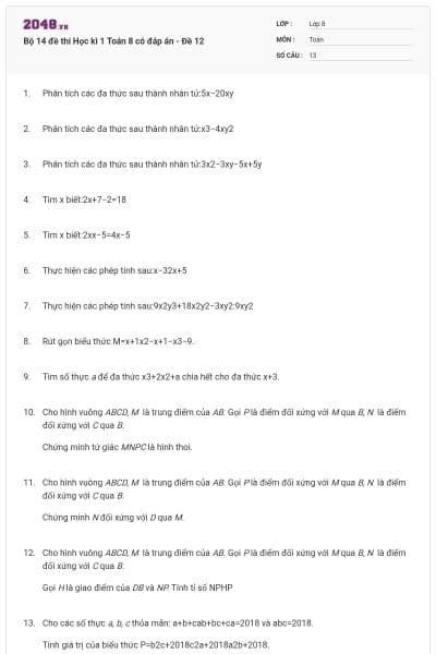 Bộ 14 đề thi Học kì 1 Toán 8 có đáp án - Đề 12