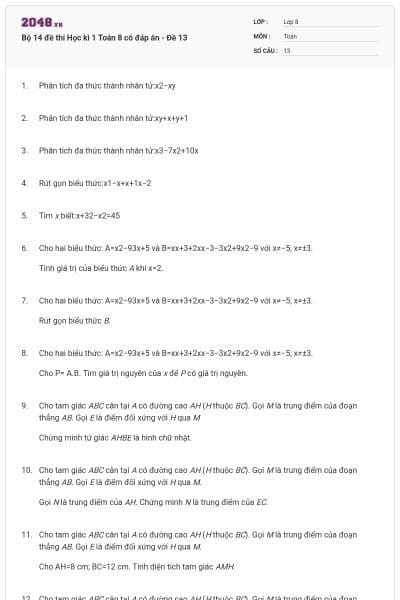 Bộ 14 đề thi Học kì 1 Toán 8 có đáp án - Đề 13