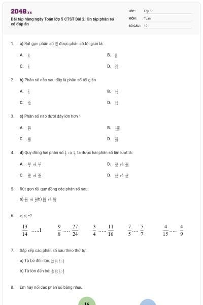 Bài tập hàng ngày Toán lớp 5 CTST Bài 2. Ôn tập phân số có đáp án