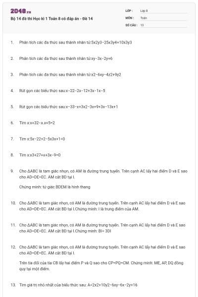 Bộ 14 đề thi Học kì 1 Toán 8 có đáp án - Đề 14