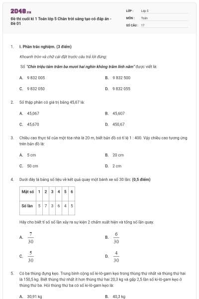 Đề thi cuối kì 1 Toán lớp 5 Chân trời sáng tạo có đáp án - Đề 01