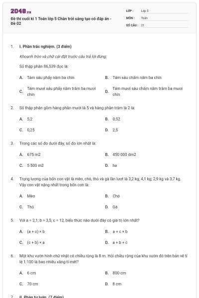 Đề thi cuối kì 1 Toán lớp 5 Chân trời sáng tạo có đáp án - Đề 02