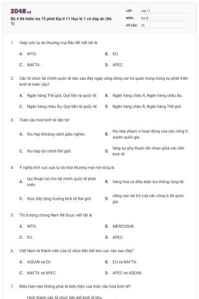 Bộ 4 Đề kiểm tra 15 phút Địa lí 11 Học kì 1 có đáp án (Đề 1)