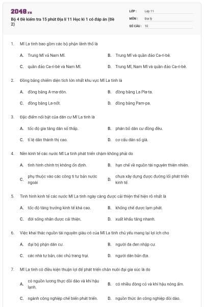 Bộ 4 Đề kiểm tra 15 phút Địa lí 11 Học kì 1 có đáp án (Đề 2)
