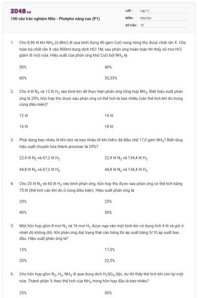 100 câu trắc nghiệm Nito - Photpho nâng cao (P1)