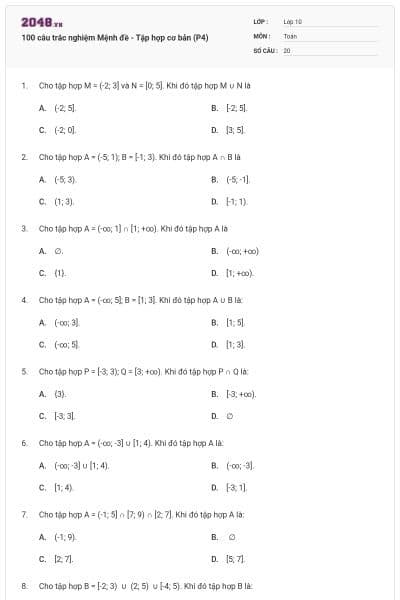 100 câu trắc nghiệm Mệnh đề - Tập hợp cơ bản (P4)