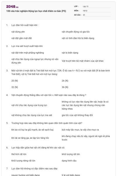 100 câu trắc nghiệm Động lực học chất điểm cơ bản (P5)