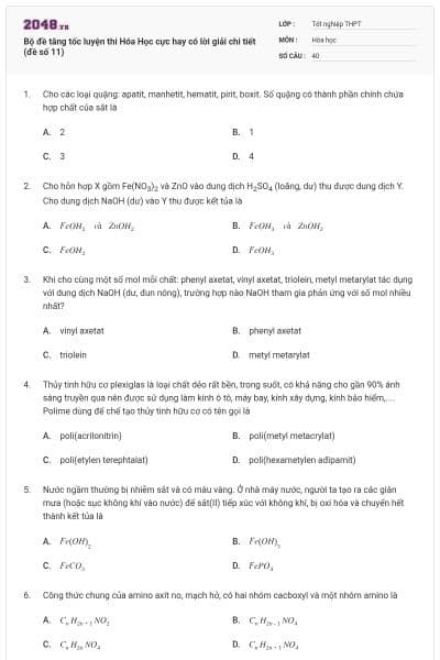 Bộ đề tăng tốc luyện thi Hóa Học cực hay có lời giải chi tiết (đề số 11)