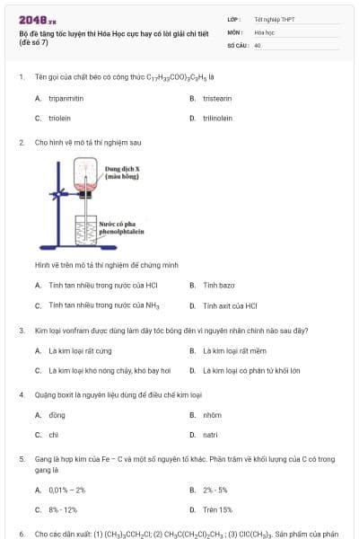 Bộ đề tăng tốc luyện thi Hóa Học cực hay có lời giải chi tiết (đề số 7)
