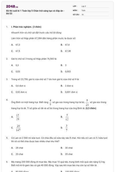 Đề thi cuối kì 1 Toán lớp 5 Chân trời sáng tạo có đáp án - Đề 03