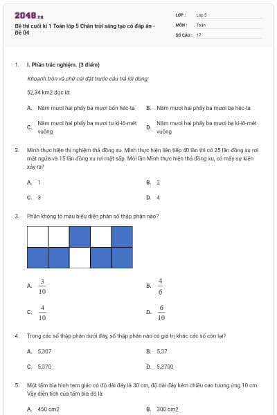 Đề thi cuối kì 1 Toán lớp 5 Chân trời sáng tạo có đáp án - Đề 04