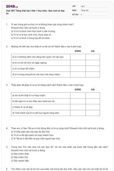 Giải VBT Tiếng Việt lớp 3 Bài 1 Đọc hiểu : Bạn mới có đáp án