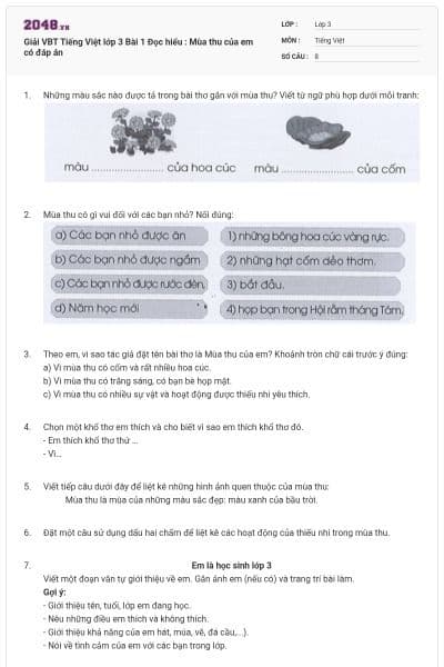 Giải VBT Tiếng Việt lớp 3 Bài 1 Đọc hiểu : Mùa thu của em có đáp án