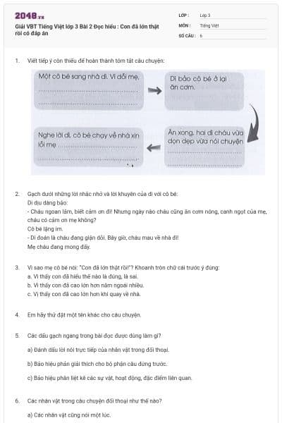 Giải VBT Tiếng Việt lớp 3 Bài 2 Đọc hiểu : Con đã lớn thật rồi có đáp án