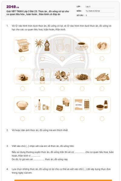 Giải VBT TNXH Lớp 3 Bài 23: Thức ăn , đồ uống có lợi cho cơ quan tiêu hóa , tuần hoàn , thần kinh có đáp án