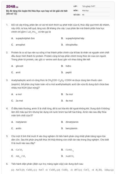 Bộ đề tăng tốc luyện thi Hóa Học cực hay có lời giải chi tiết (đề số 12)
