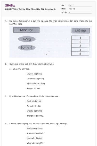 Giải VBT Tiếng Việt lớp 3 Bài 2 Đọc hiểu: Giặt áo có đáp án