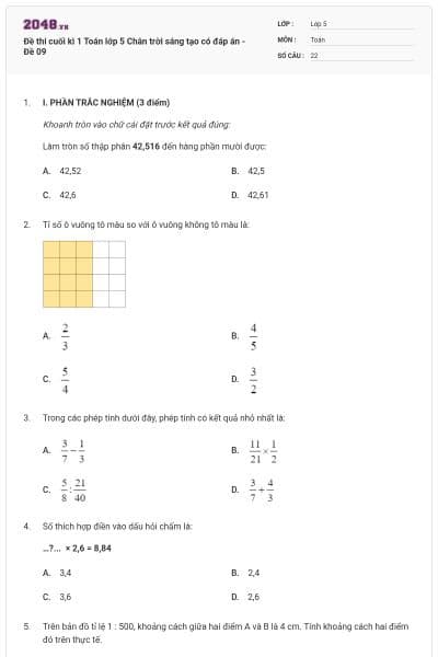 Đề thi cuối kì 1 Toán lớp 5 Chân trời sáng tạo có đáp án - Đề 09