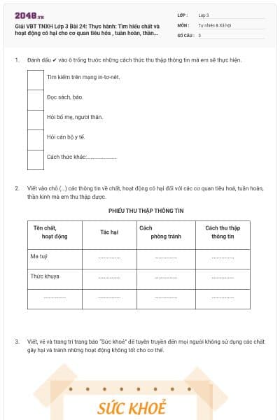 Giải VBT TNXH Lớp 3 Bài 24: Thực hành: Tìm hiểu chất và hoạt động có hại cho cơ quan tiêu hóa , tuần hoàn, thần kinh có đáp án