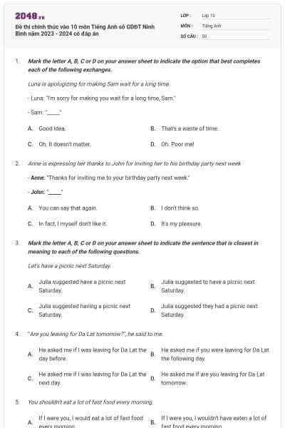 Đề thi chính thức vào 10 môn Tiếng Anh sở GDĐT Ninh Bình năm 2023 - 2024 có đáp án