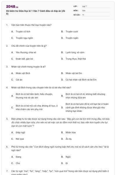 Đề kiểm tra Giữa Học kì 1 Văn 7 Cánh diều có đáp án (đề 8)