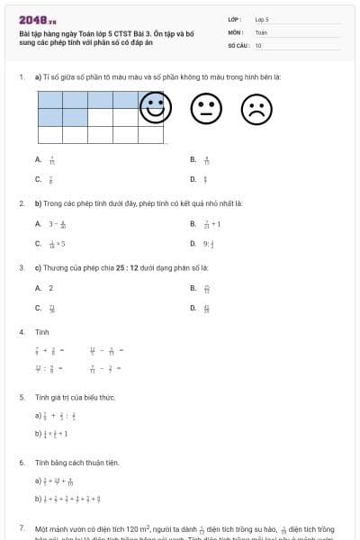 Bài tập hàng ngày Toán lớp 5 CTST Bài 3. Ôn tập và bổ sung các phép tính với phân số có đáp án