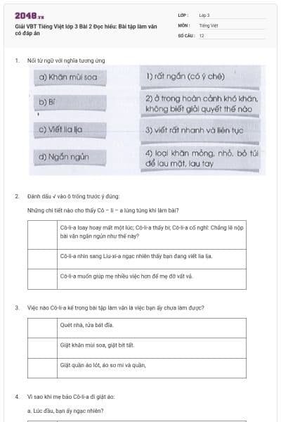 Giải VBT Tiếng Việt lớp 3 Bài 2 Đọc hiểu: Bài tập làm văn  có đáp án