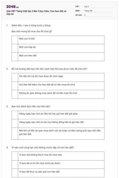 Giải VBT Tiếng Việt lớp 3 Bài 3 Đọc hiểu: Con heo đất có đáp án
