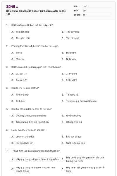 Đề kiểm tra Giữa Học kì 1 Văn 7 Cánh diều có đáp án (đề 12)