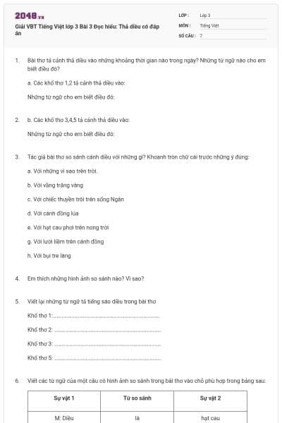 Giải VBT Tiếng Việt lớp 3 Bài 3 Đọc hiểu: Thả diều có đáp án