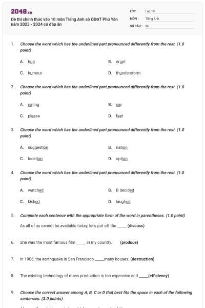 Đề thi chính thức vào 10 môn Tiếng Anh sở GDĐT Phú Yên năm 2023 - 2024 có đáp án