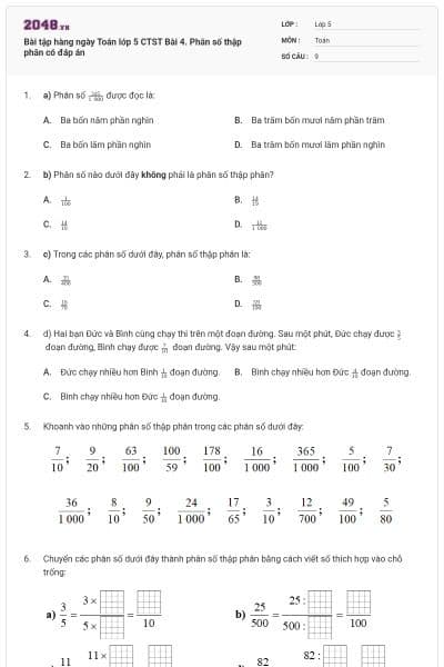 Bài tập hàng ngày Toán lớp 5 CTST Bài 4. Phân số thập phân có đáp án