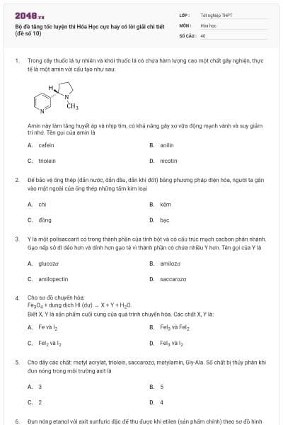 Bộ đề tăng tốc luyện thi Hóa Học cực hay có lời giải chi tiết (đề số 10)
