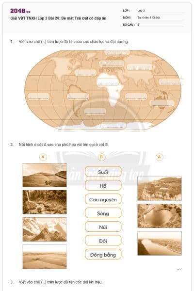 Giải VBT TNXH Lớp 3 Bài 29: Bề mặt Trái Đất có đáp án