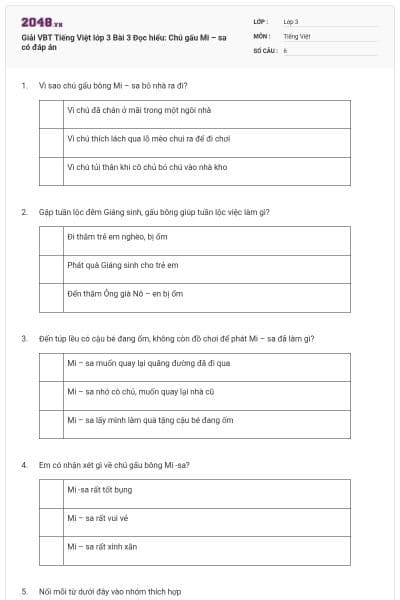 Giải VBT Tiếng Việt lớp 3 Bài 3 Đọc hiểu: Chú gấu Mi – sa có đáp án