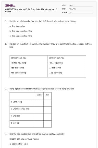 Giải VBT Tiếng Việt lớp 3 Bài 3 Đọc hiểu: Hai bàn tay em có đáp án