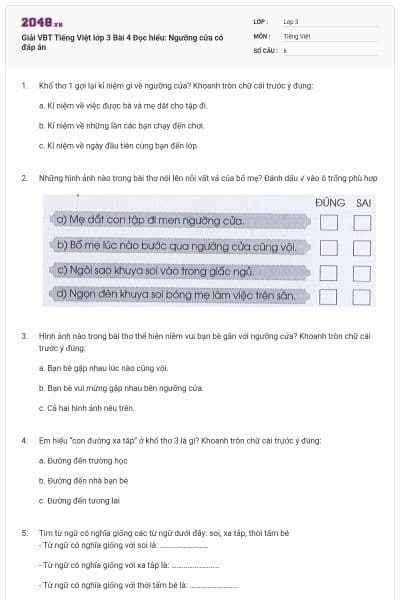 Giải VBT Tiếng Việt lớp 3 Bài 4 Đọc hiểu: Ngưỡng cửa có đáp án