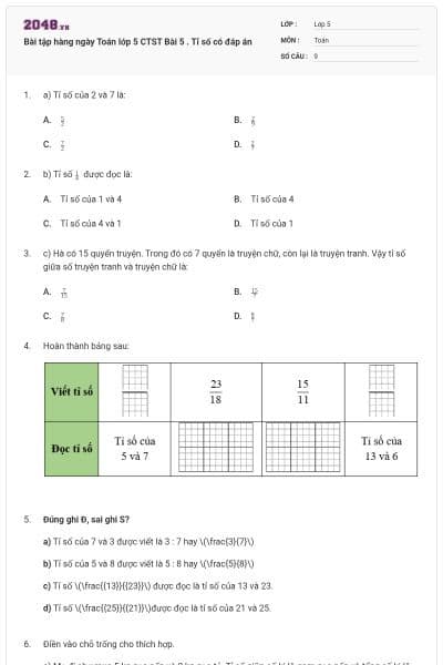 Bài tập hàng ngày Toán lớp 5 CTST Bài 5 . Tỉ số có đáp án