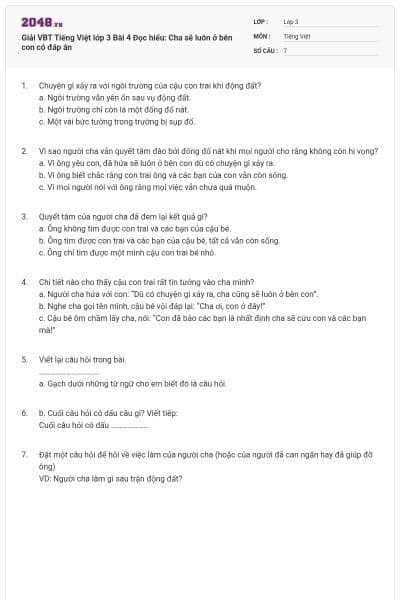 Giải VBT Tiếng Việt lớp 3 Bài 4 Đọc hiểu: Cha sẽ luôn ở bên con có đáp án