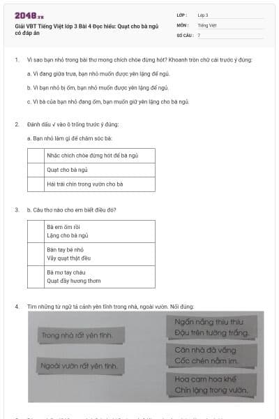 Giải VBT Tiếng Việt lớp 3 Bài 4 Đọc hiểu: Quạt cho bà ngủ có đáp án
