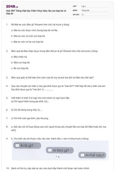 Giải VBT Tiếng Việt lớp 3 Bài 4 Đọc hiểu: Ba con búp bê có đáp án