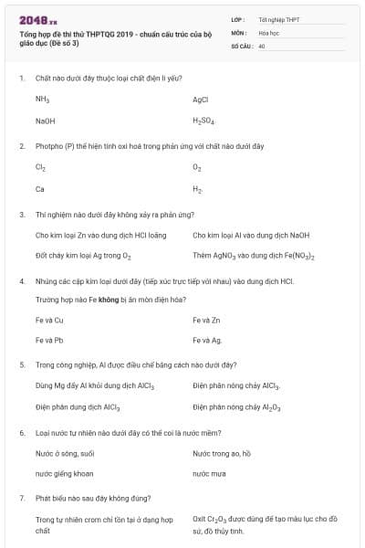 Tổng hợp đề thi thử THPTQG 2019 - chuẩn cấu trúc của bộ giáo dục (Đề số 3)
