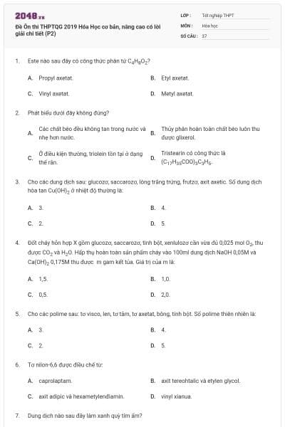 Đề Ôn thi THPTQG 2019 Hóa Học cơ bản, nâng cao có lời giải chi tiết (P2)
