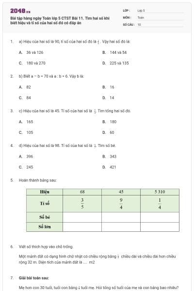 Bài tập hàng ngày Toán lớp 5 CTST Bài 11. Tìm hai số khi biết hiệu và tỉ số của hai số đó có đáp án
